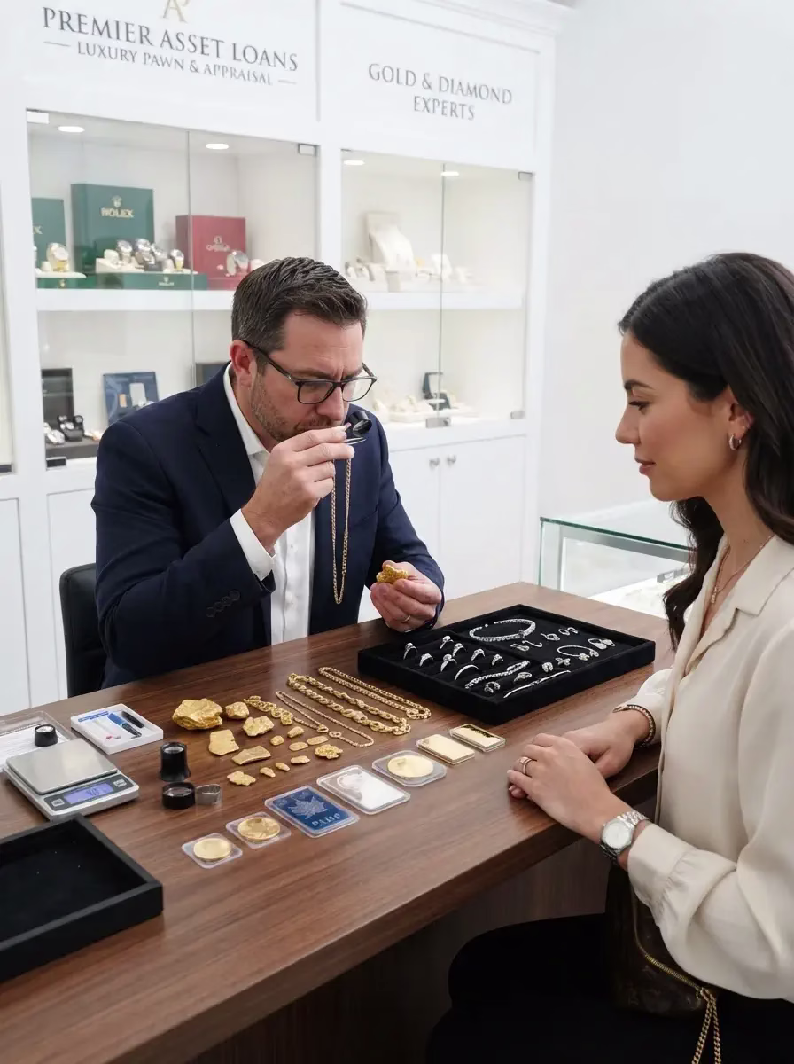 Appraiser inspecting gold with a loupe for Jewelry and Watch Collateral Loans in Houston
