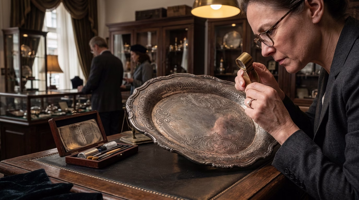 Experts evaluating antique silver jewelry and hallmarks in Houston